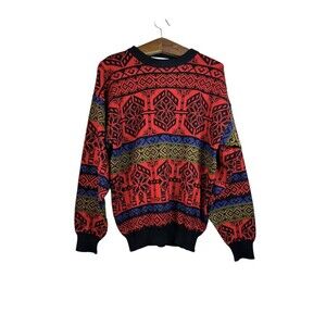VTG 80S 90S OBERMEYER JUNEAU MENS SKI SWEATER VIBRANT FUNKY KNIT CREWNECK SZ L